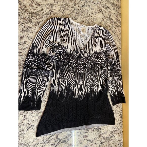 Mona Leah Couture Womens Sweater Small Black White Zebra 3/4 Sleeve VNeck Career - Picture 6 of 11